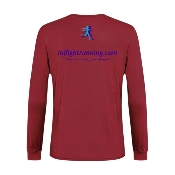 In Flight Running men's long sleeve performance shirt in heathered maroon polyester jersey. Moisture-wicking and breathable.