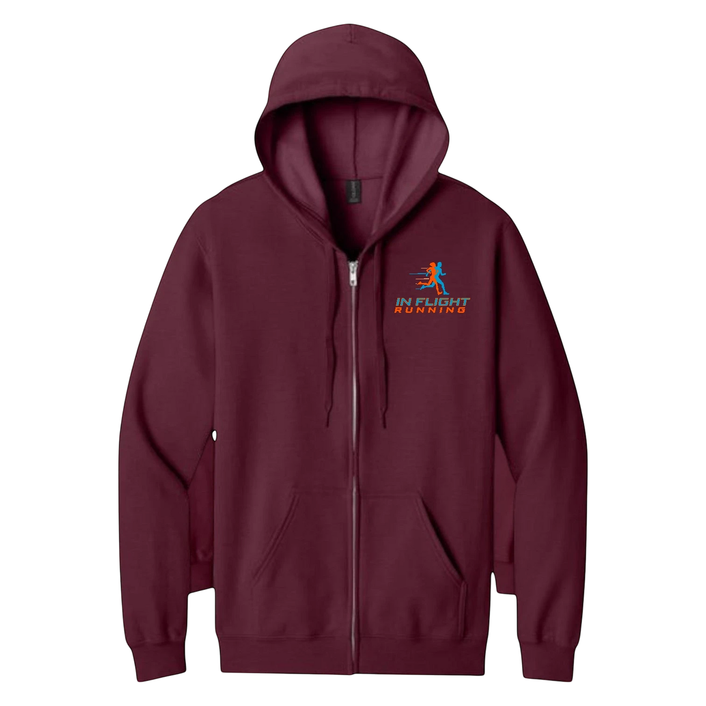 In Flight Running maroon full-zip hoodie with soft fleece interior and front pouch pockets.