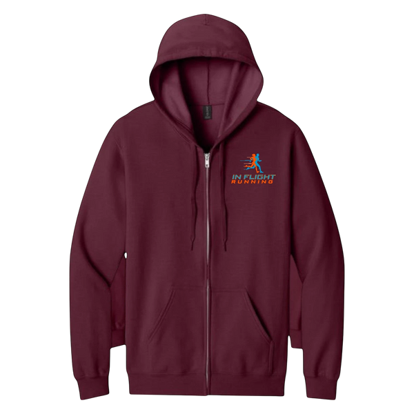 In Flight Running maroon full-zip hoodie with soft fleece interior and front pouch pockets.