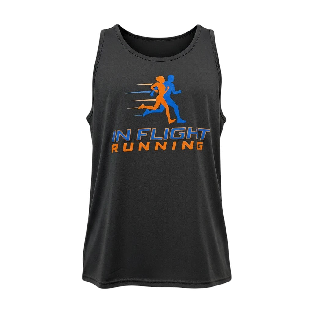 In Flight Running men's dark grey polyester running tank with orange and blue graphic. Lightweight, moisture-wicking.