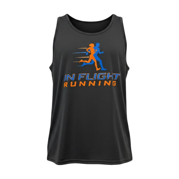 In Flight Running men's dark grey polyester running tank with orange and blue graphic. Lightweight, moisture-wicking.