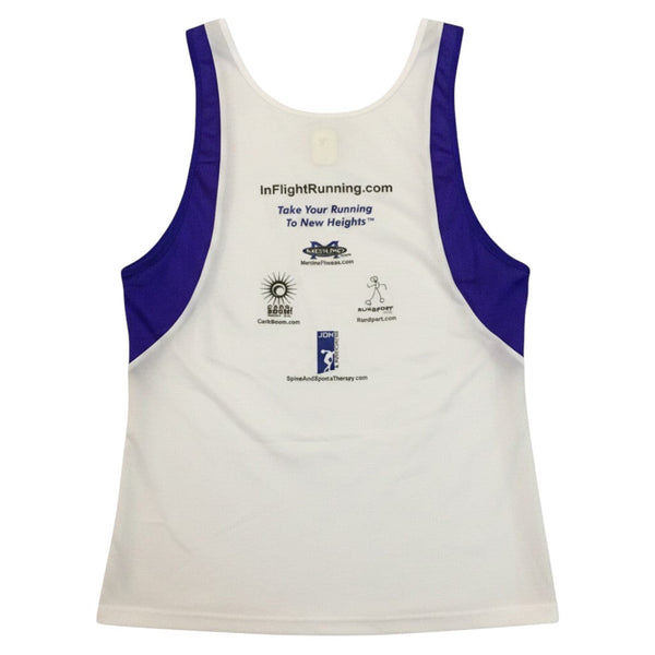 In Flight Running men's white nylon/lycra moisture-wicking tank with blue accents and sponsor logos on back.