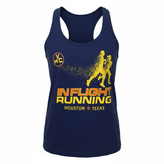 In Flight Running women's navy blue racerback tank top with yellow disintegrating runner graphic and Houston Texas text.
