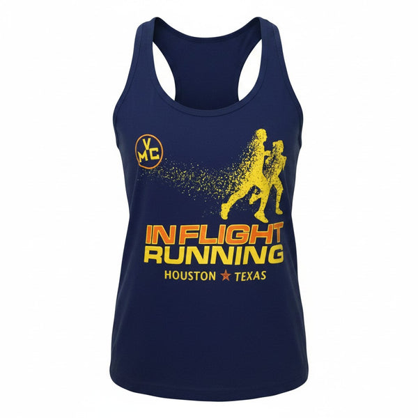 In Flight Running women's navy blue racerback tank top with yellow disintegrating runner graphic and Houston Texas text.