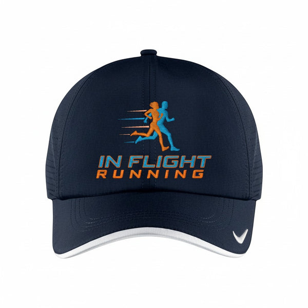 Navy blue Nike Dri-FIT running cap with orange and blue In Flight Running logo and white trim.