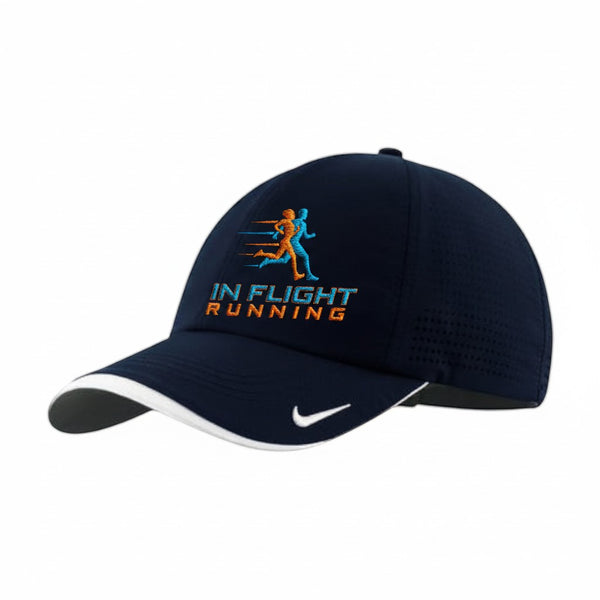 In Flight Running navy blue Dri-FIT polyester running cap with perforated panels and white trim. Features two running figures and logo.