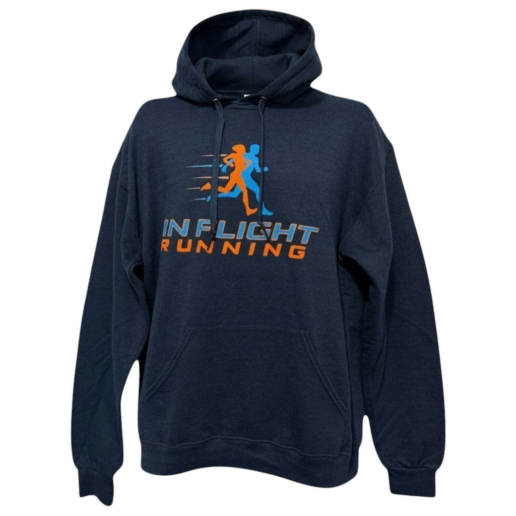 In Flight Running navy blue cotton/poly blend fleece hoodie with graphic logo on front.