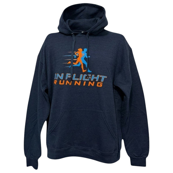 In Flight Running navy blue cotton/poly blend fleece hoodie with graphic logo on front.