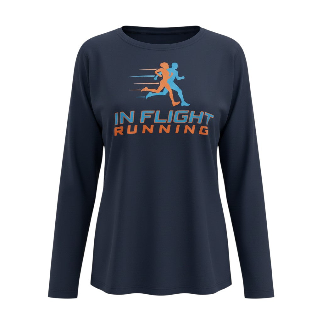 In Flight Running navy blue long sleeve polyester running shirt with UPF 50 protection and graphic.