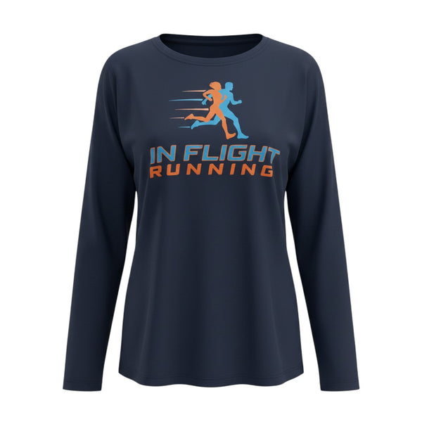 In Flight Running navy blue long sleeve polyester running shirt with UPF 50 protection and graphic.