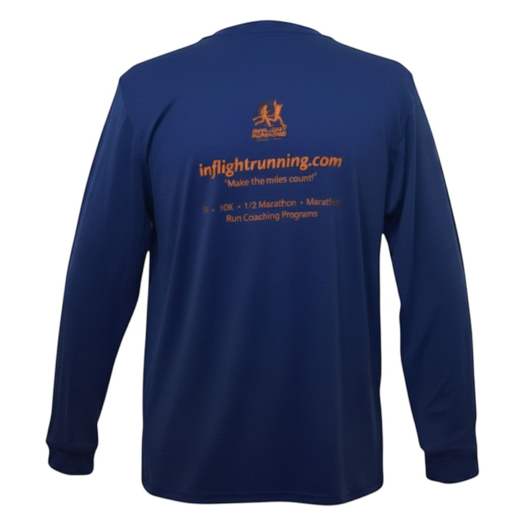 In Flight Running navy blue 100% polyester long sleeve t-shirt with orange retro graphics and text on back.