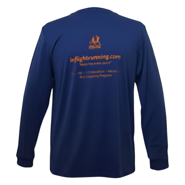 In Flight Running navy blue 100% polyester long sleeve t-shirt with orange retro graphics and text on back.