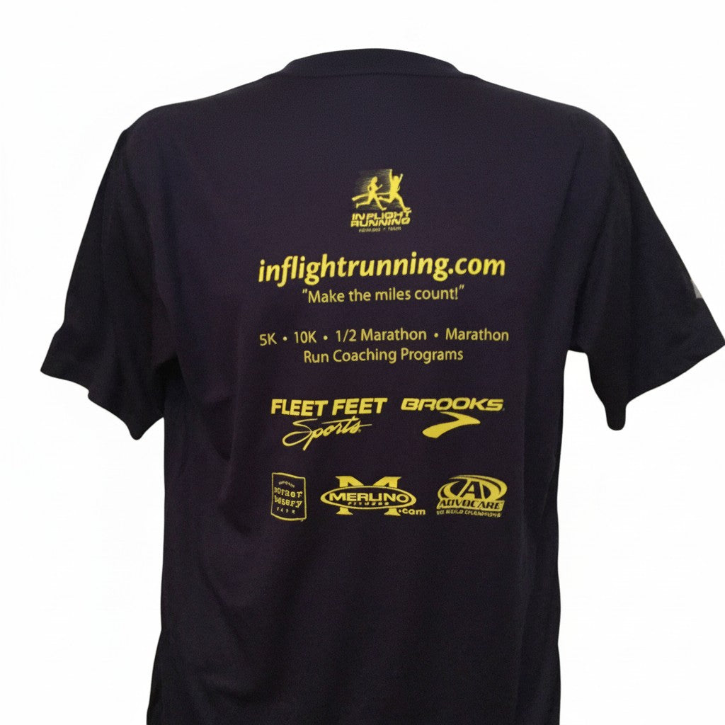 In Flight Running navy blue 100% polyester men's running t-shirt with sponsor logos and website on back.