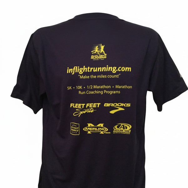 In Flight Running navy blue 100% polyester men's running t-shirt with sponsor logos and website on back.