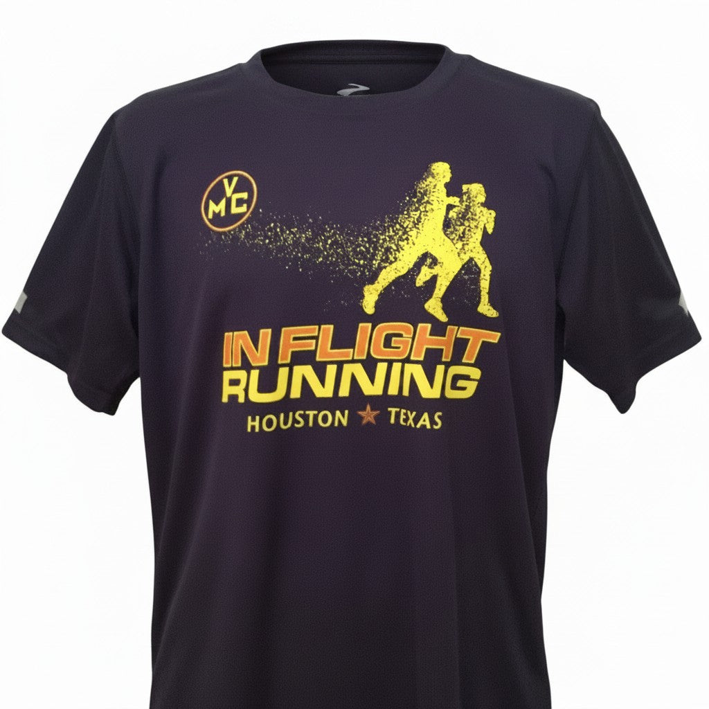 In Flight Running navy blue 100% polyester men's running t-shirt with yellow disintegrating runner graphic and Brooks logo.