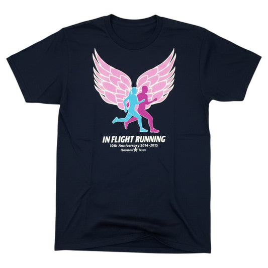 In Flight Running navy blue 100% polyester men's t-shirt with winged runners graphic. 10th anniversary.
