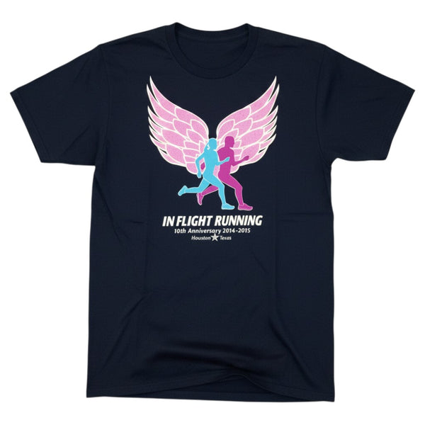 In Flight Running navy blue 100% polyester men's t-shirt with winged runners graphic. 10th anniversary.