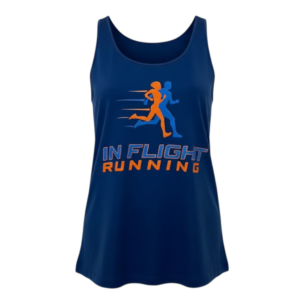 In Flight Running navy blue polyester racerback running tank with orange and blue runner graphic on front.