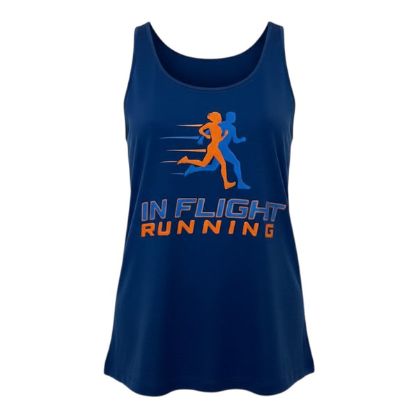 In Flight Running navy blue polyester racerback running tank with orange and blue runner graphic on front.