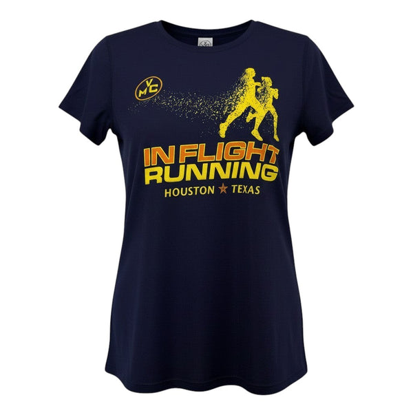 In Flight Running navy blue polyester moisture-wicking women's running t-shirt with graphic.
