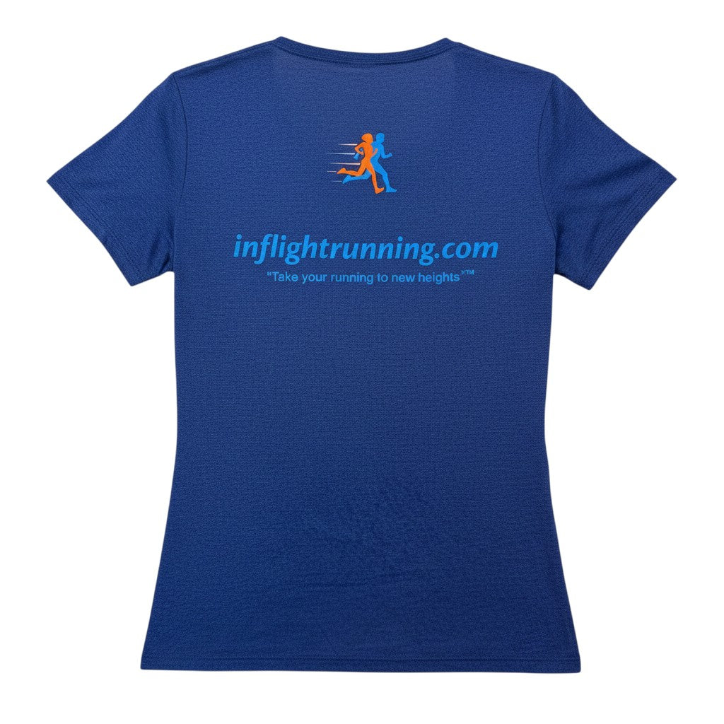 In Flight Running navy blue heathered scoop neck t-shirt with running graphic and website on back.
