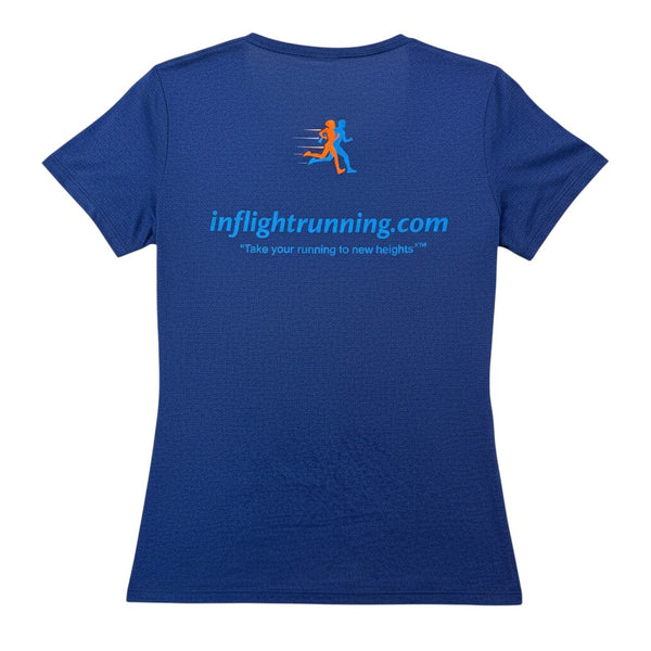In Flight Running navy blue heathered scoop neck t-shirt with running graphic and website on back.