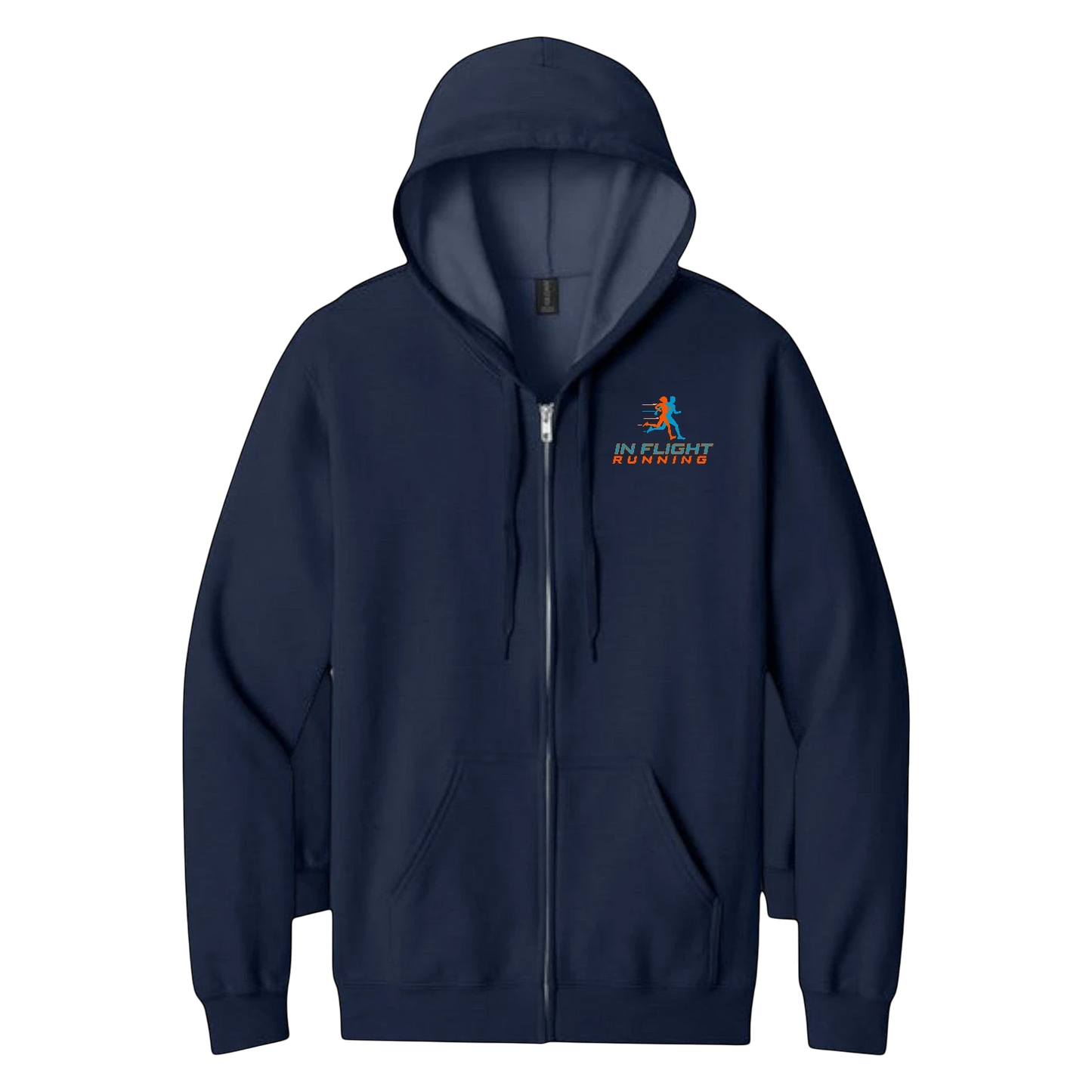 In Flight Running navy blue full-zip hoodie with soft fleece interior and front pouch pockets.