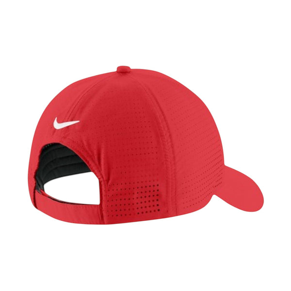 In Flight Running red Nike Dri-FIT polyester running cap with perforated panels and white Swoosh logo.