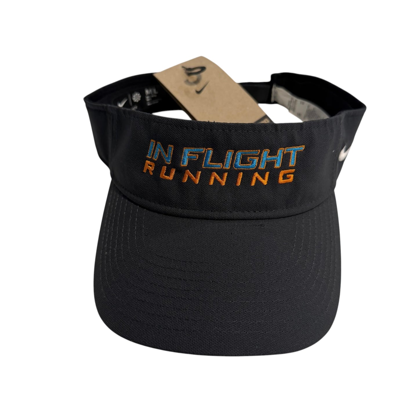 In Flight Running black Nike Dry-Fit performance visor with embroidered text and Swoosh logo.