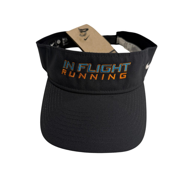 In Flight Running black Nike Dry-Fit performance visor with embroidered text and Swoosh logo.