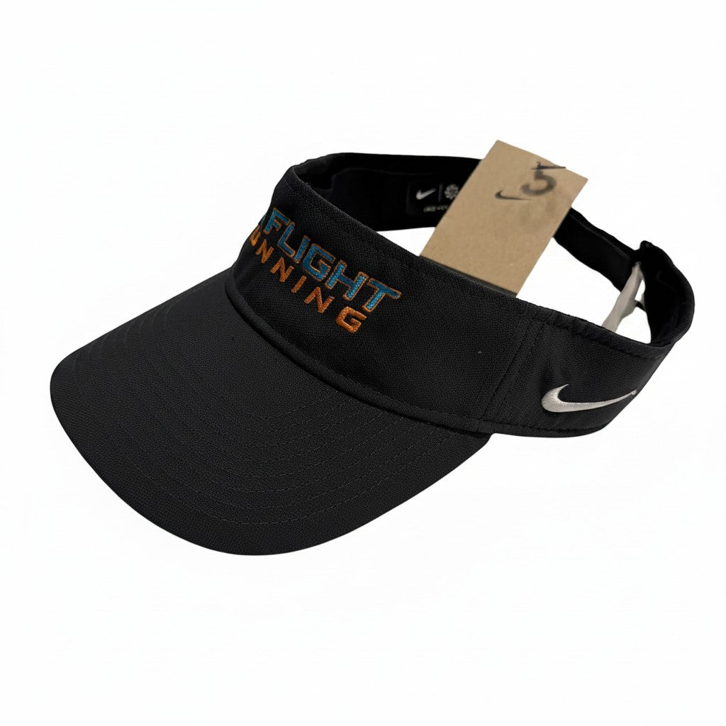 In Flight Running black Nike Dry-Fit performance visor with embroidered logo and text. Features a pre-curved bill.