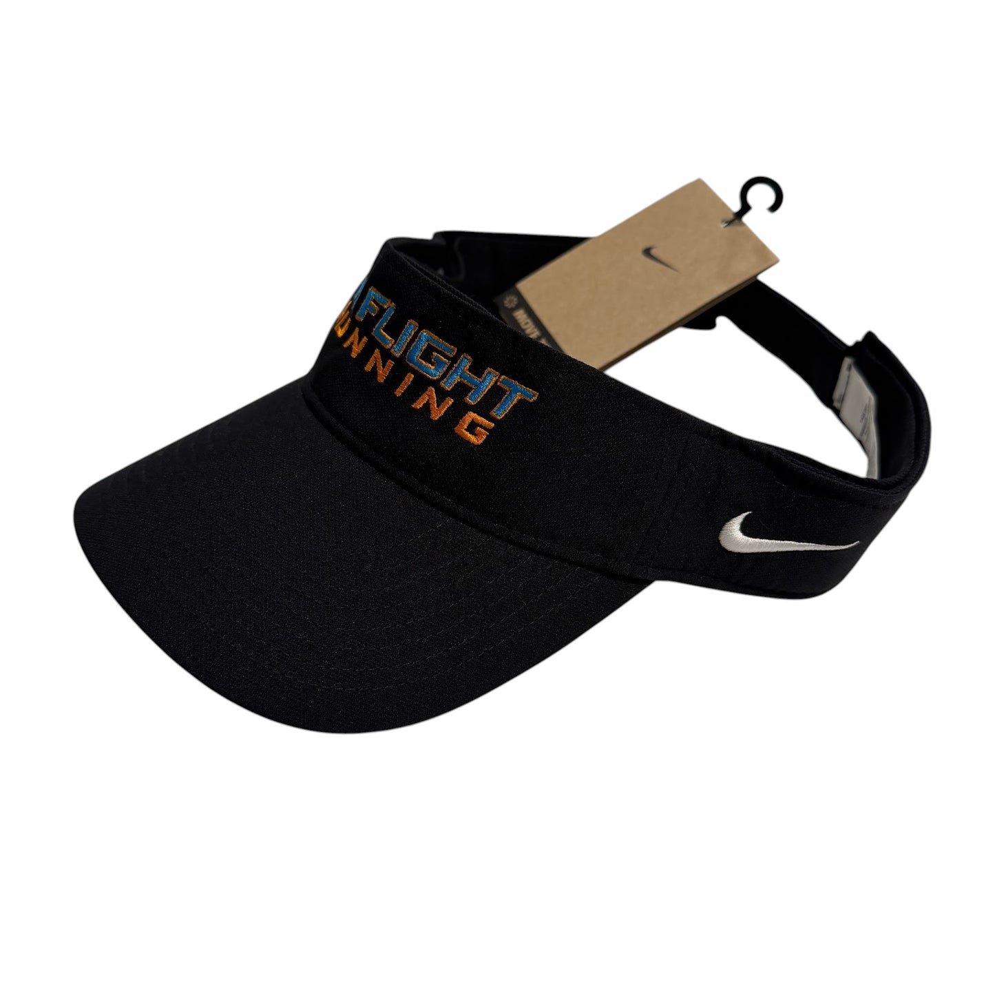 Black Nike Dry-Fit performance running visor with "In Flight Running" embroidered in blue and orange. Features a white Swoosh logo.