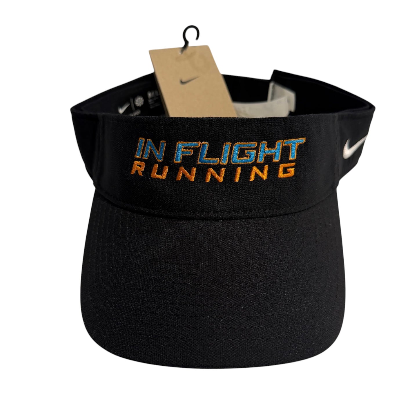 Black Nike Dry-Fit performance running visor with "IN FLIGHT RUNNING" embroidered in blue and orange. Features a white Swoosh logo.