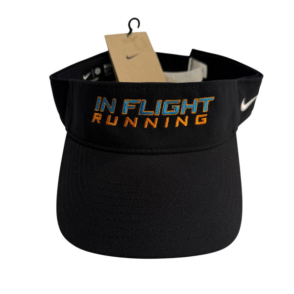 Black Nike Dry-Fit performance running visor with "IN FLIGHT RUNNING" embroidered in blue and orange. Features a white Swoosh logo.