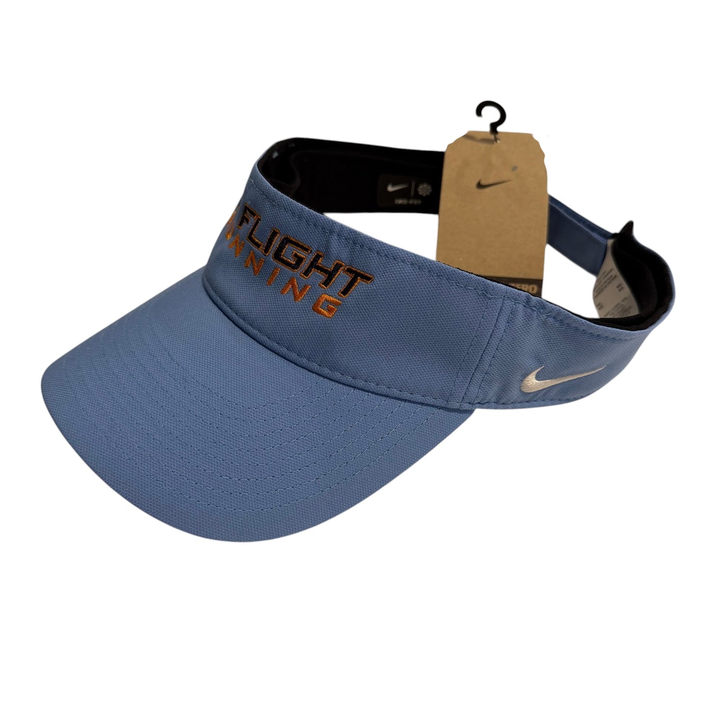 In Flight Running light blue Nike Dry-Fit performance visor with orange embroidered lettering and silver Swoosh logo.
