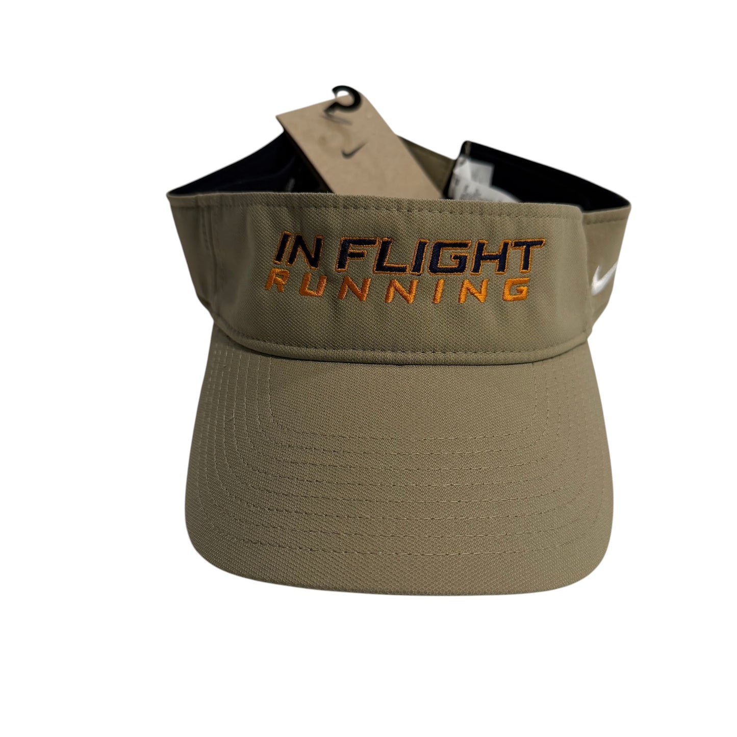 In Flight Running Nike Dry-Fit performance visor in tan with orange embroidered text and white Swoosh logo.