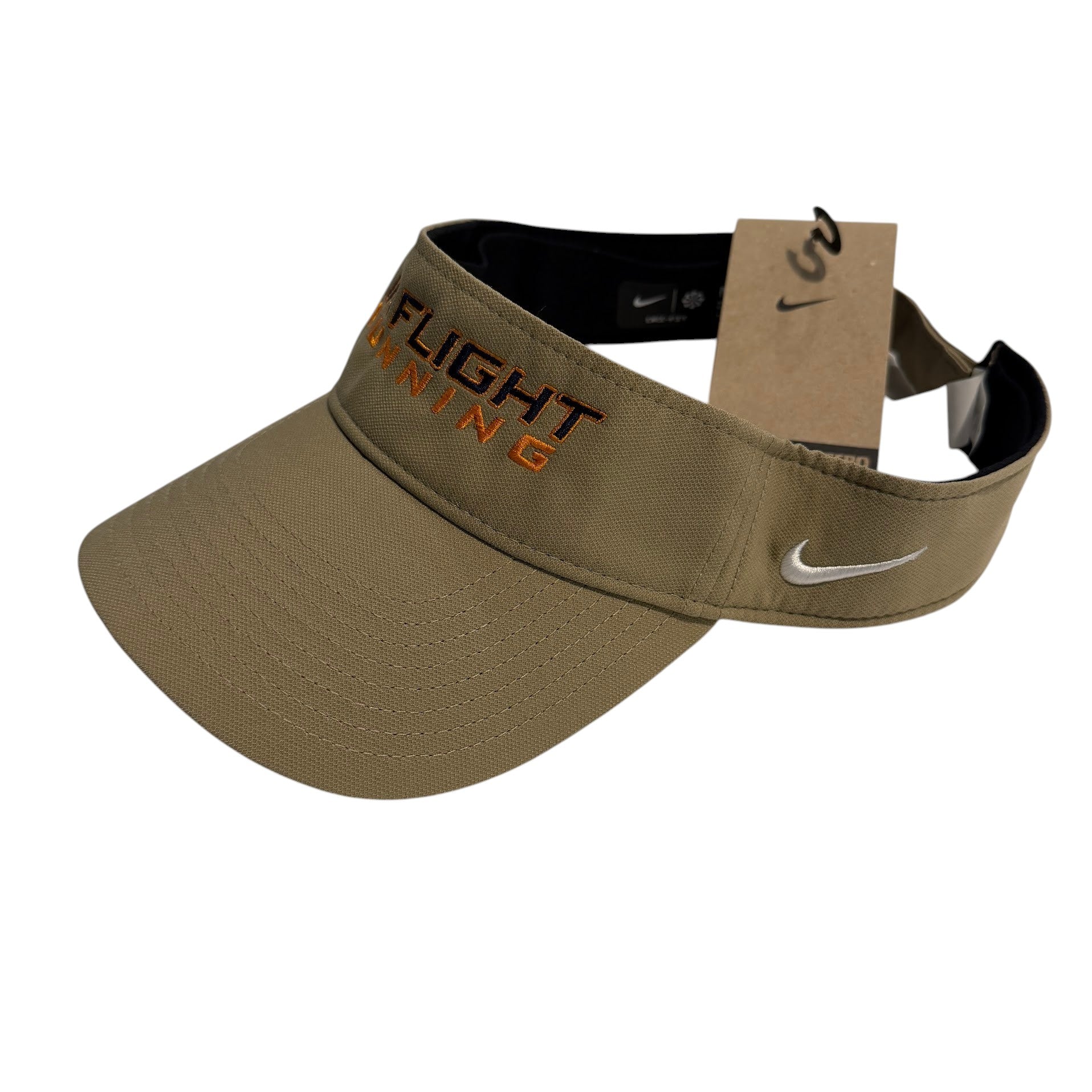 In Flight Running Nike Dry-Fit performance visor in tan with embroidered orange lettering and a silver Swoosh logo.