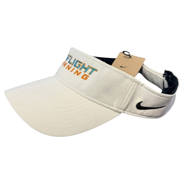 White Nike Dry-Fit performance running visor with "In Flight Running" embroidered in orange and blue, and a black Swoosh logo.