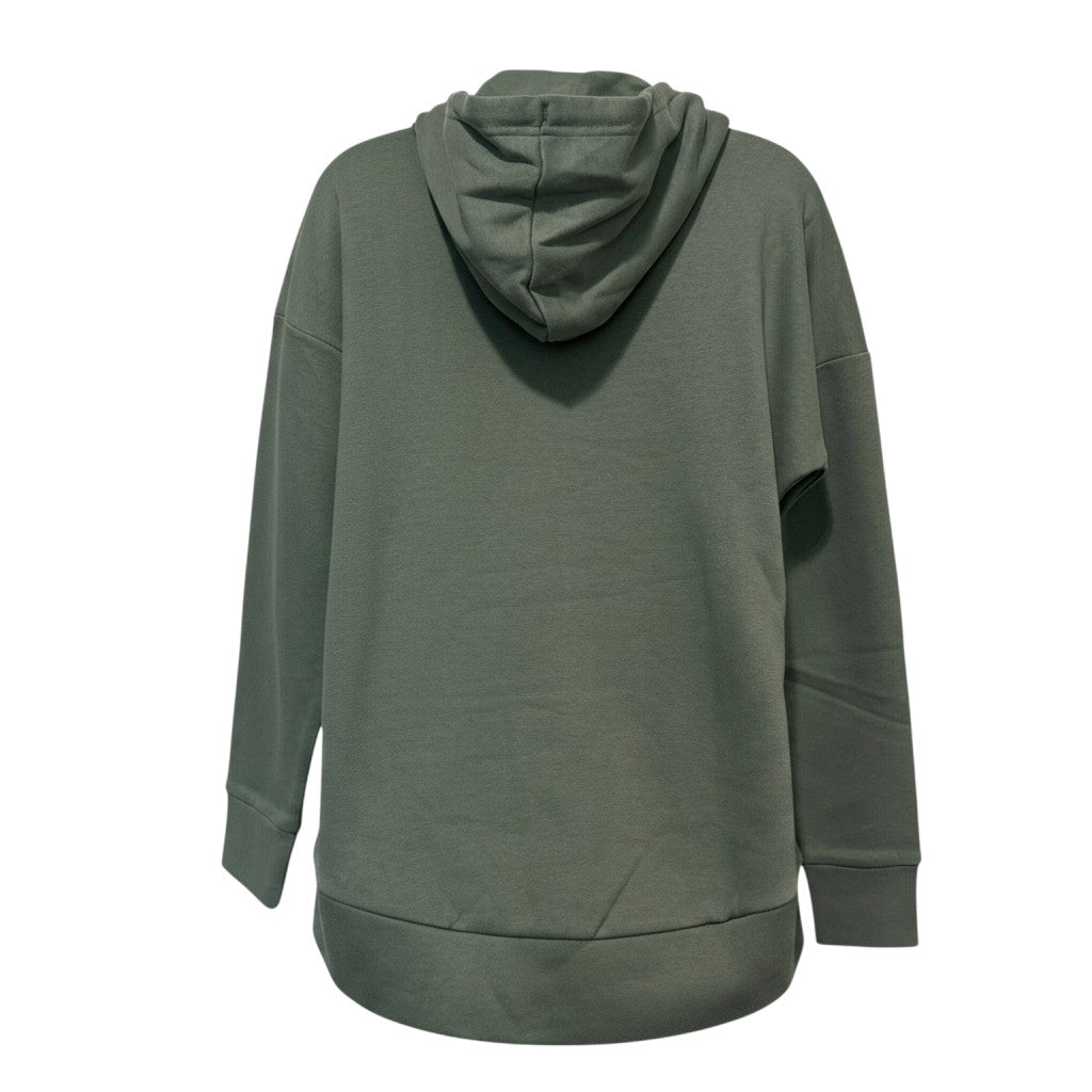 In Flight Running women's olive green fleece hoodie with drop shoulder and high-low hem. 80/20 cotton/polyester blend.