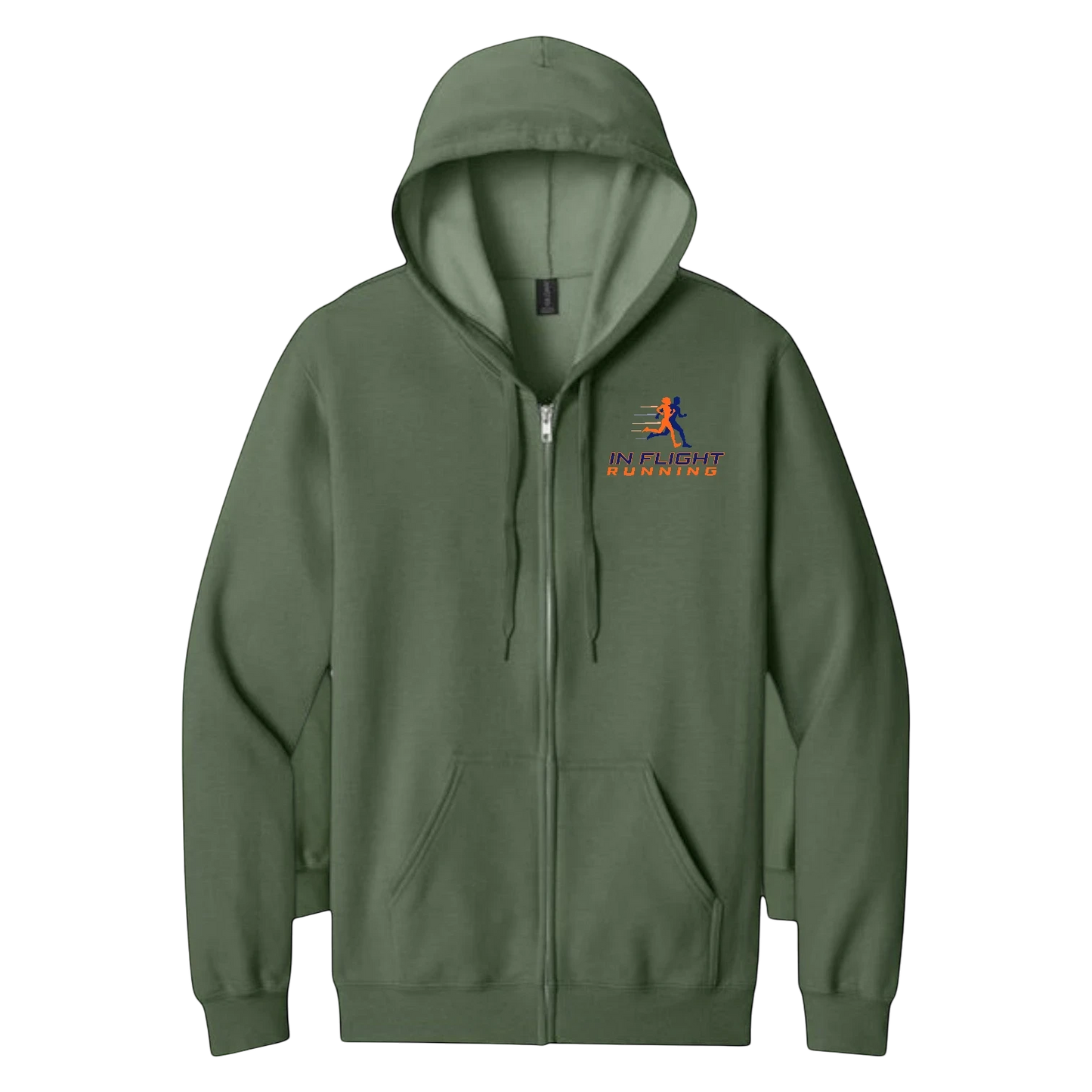 In Flight Running men's olive green full-zip hoodie with soft fleece interior and front pouch pockets.