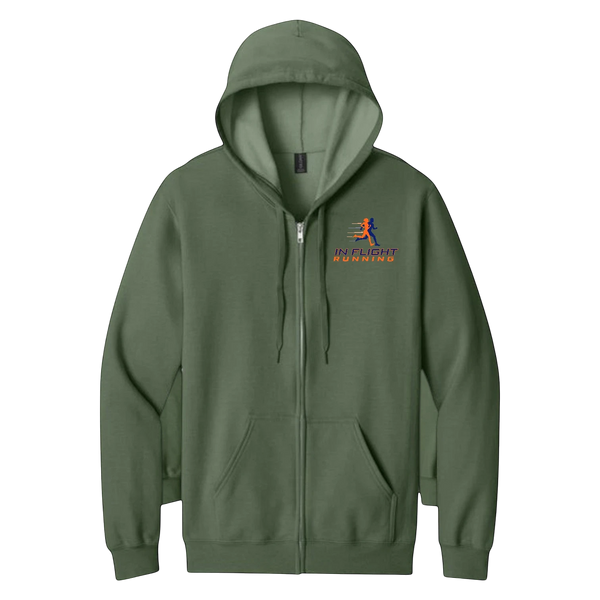In Flight Running men's olive green full-zip hoodie with soft fleece interior and front pouch pockets.