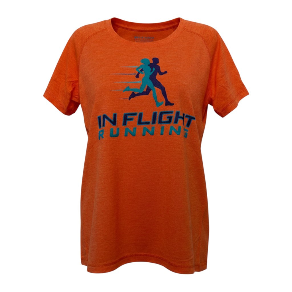 In Flight Running orange heathered tri-blend scoop neck t-shirt with graphic of two runners and logo.