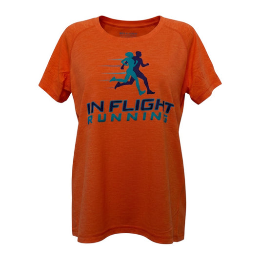 In Flight Running orange heathered tri-blend scoop neck t-shirt with graphic of two runners and logo.