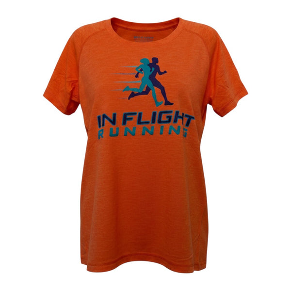 In Flight Running orange heathered tri-blend scoop neck t-shirt with graphic of two runners and logo.
