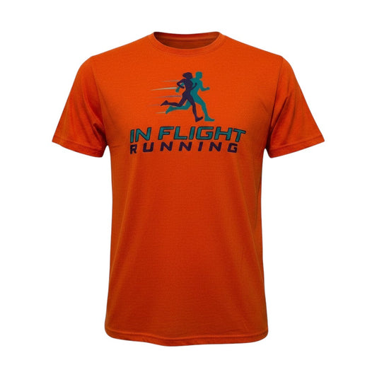 In Flight Running orange heathered polyester running t-shirt with graphic logo on front.