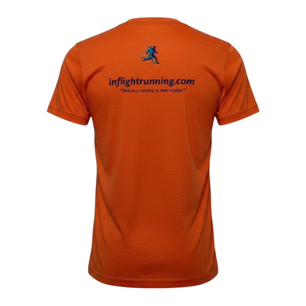 In Flight Running women's orange heathered tri-blend short sleeve running t-shirt with scoop neck and logo.