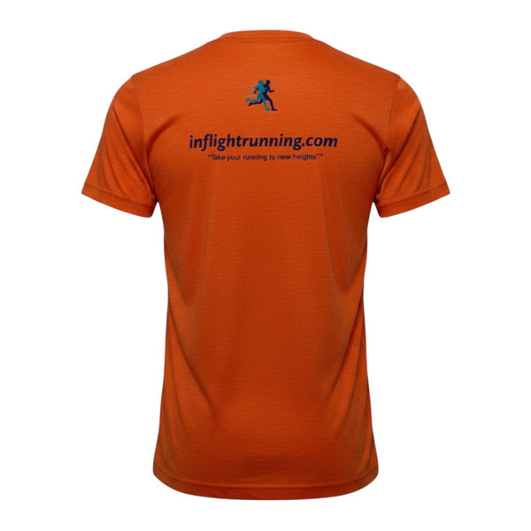 In Flight Running women's orange heathered tri-blend short sleeve running t-shirt with scoop neck and logo.