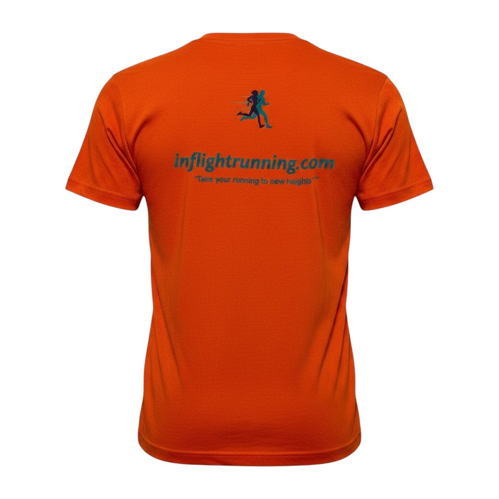 In Flight Running orange polyester running t-shirt with moisture-wicking fabric and In Flight Running logo on back.