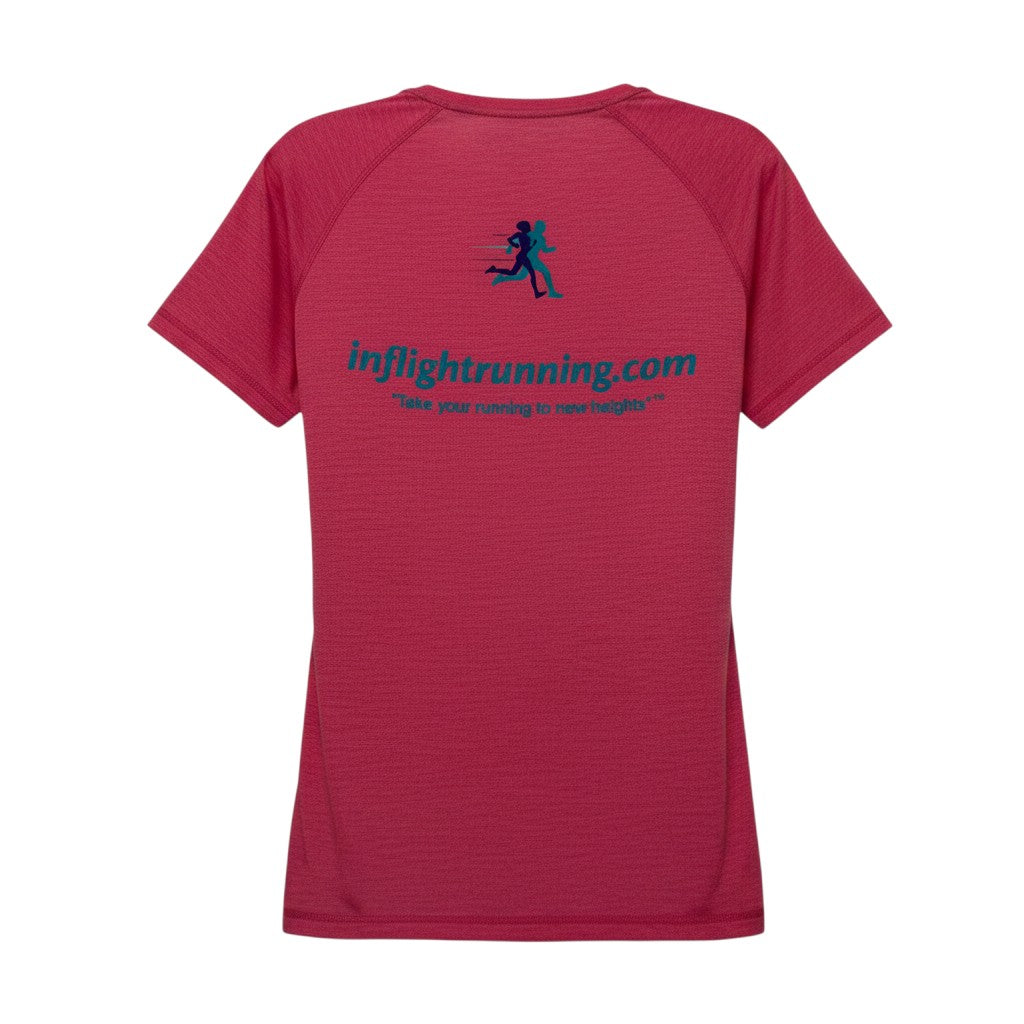 In Flight Running women's heathered pink tri-blend short sleeve running t-shirt with scoop neck and logo on back.