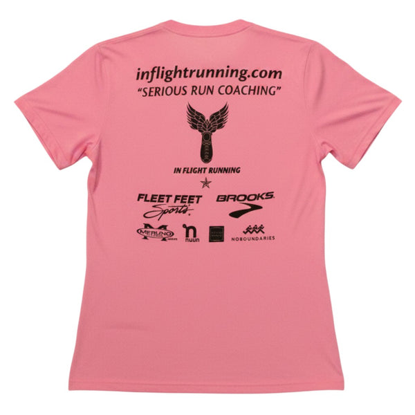 In Flight Running pink polyester women's t-shirt with winged logo and sponsor logos on back.